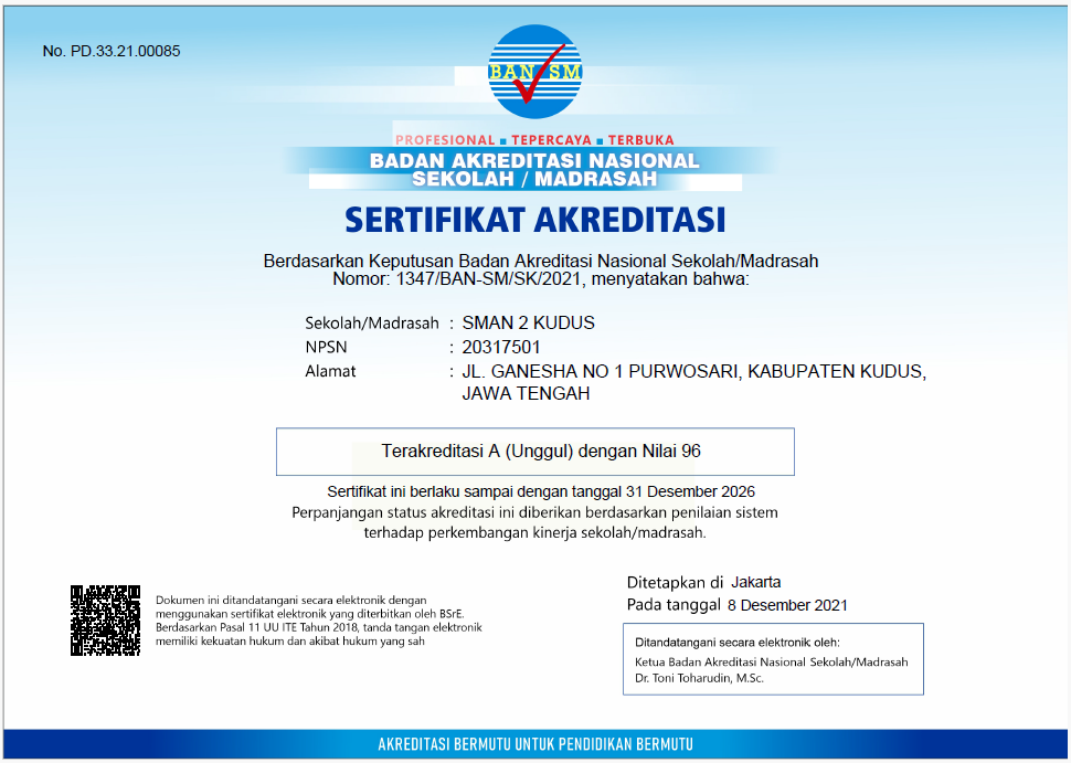 Akreditasi SMAN 2 Kudus